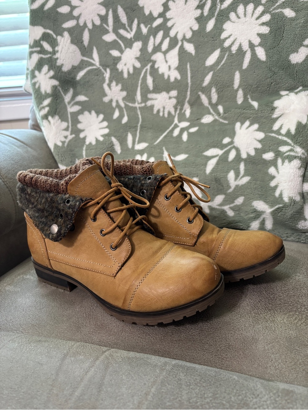 Refresh Tan Fold-Over Knit Collar Lace-Up Ankle Boots